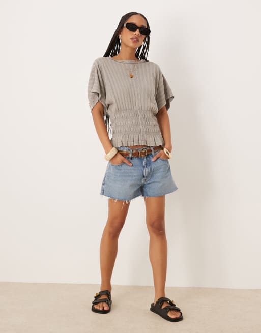 ASOS DESIGN textured rib shirred waist tee in dove grey, 4 of 4