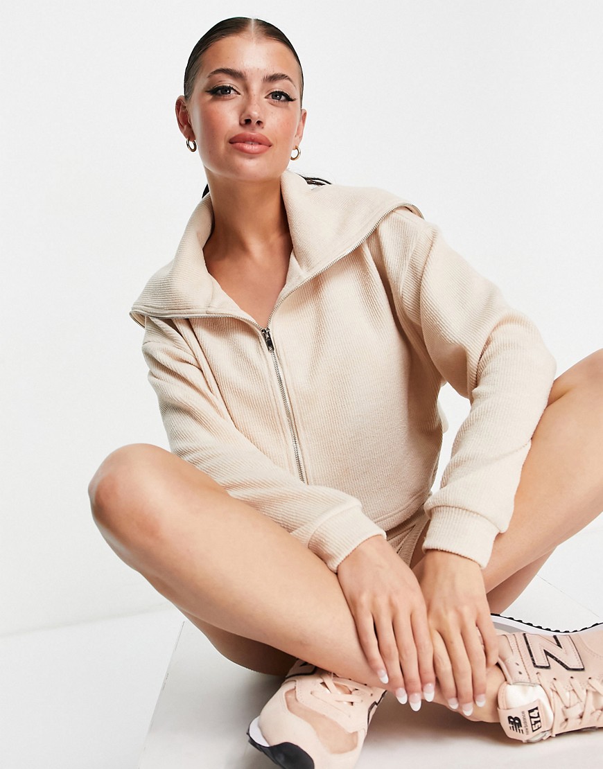 ASOS DESIGN textured rib short with zip through shawl collar tracksuit in oatmeal-Neutral