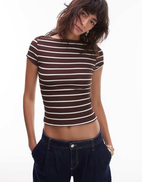 ASOS DESIGN textured rib slash neck baby tee in brown and cream stripe - view 1
