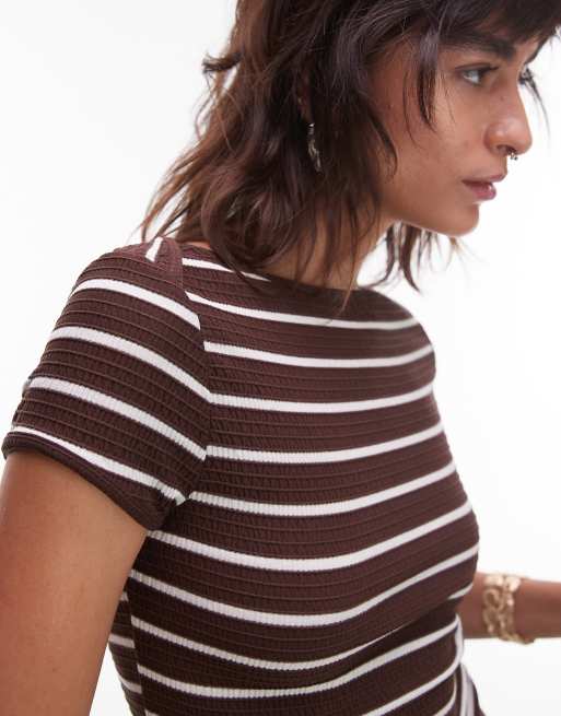 ASOS DESIGN textured rib slash neck baby tee in brown and cream stripe, 3 of 4