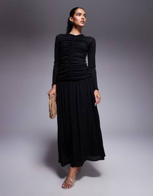 ASOS DESIGN textured ribbed long sleeve ruched front maxi dress in black
