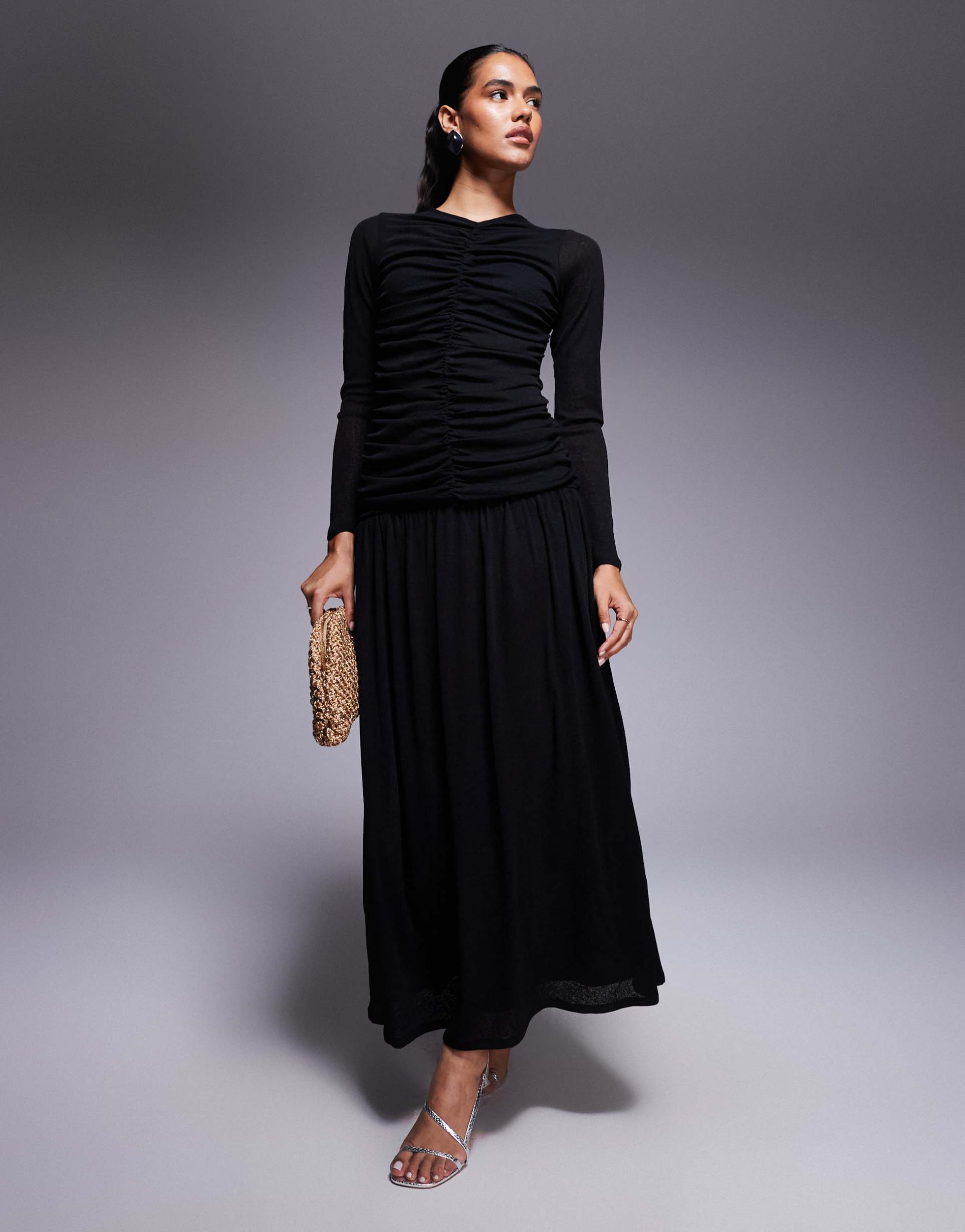 asos design textured ribbed long sleeve ruched front maxi dress in black