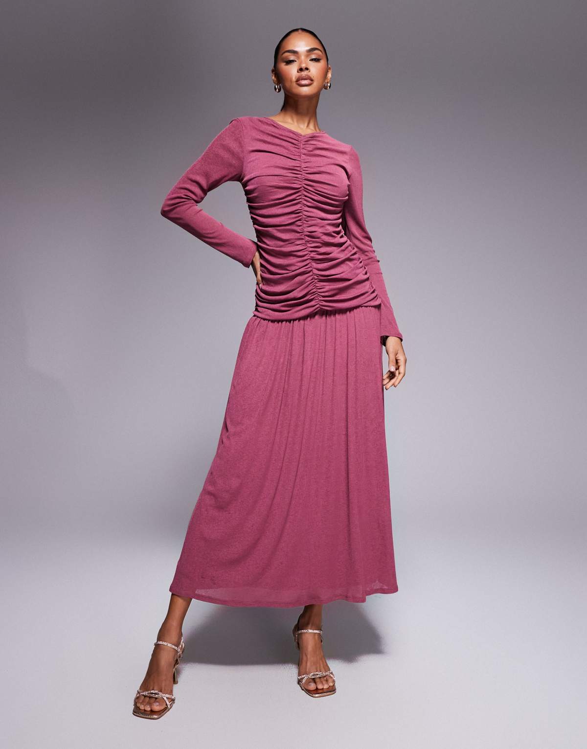 ASOS DESIGN textured ribbed long sleeve ruched front maxi dress in burgundy