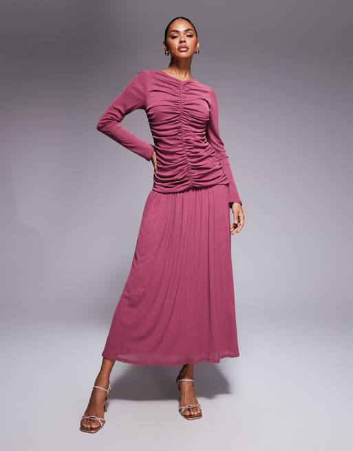 ASOS DESIGN textured ribbed long sleeve ruched front maxi dress in burgundy