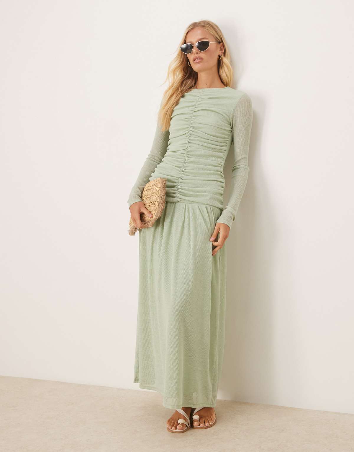 ASOS DESIGN textured ribbed long sleeve ruched front maxi dress in mint