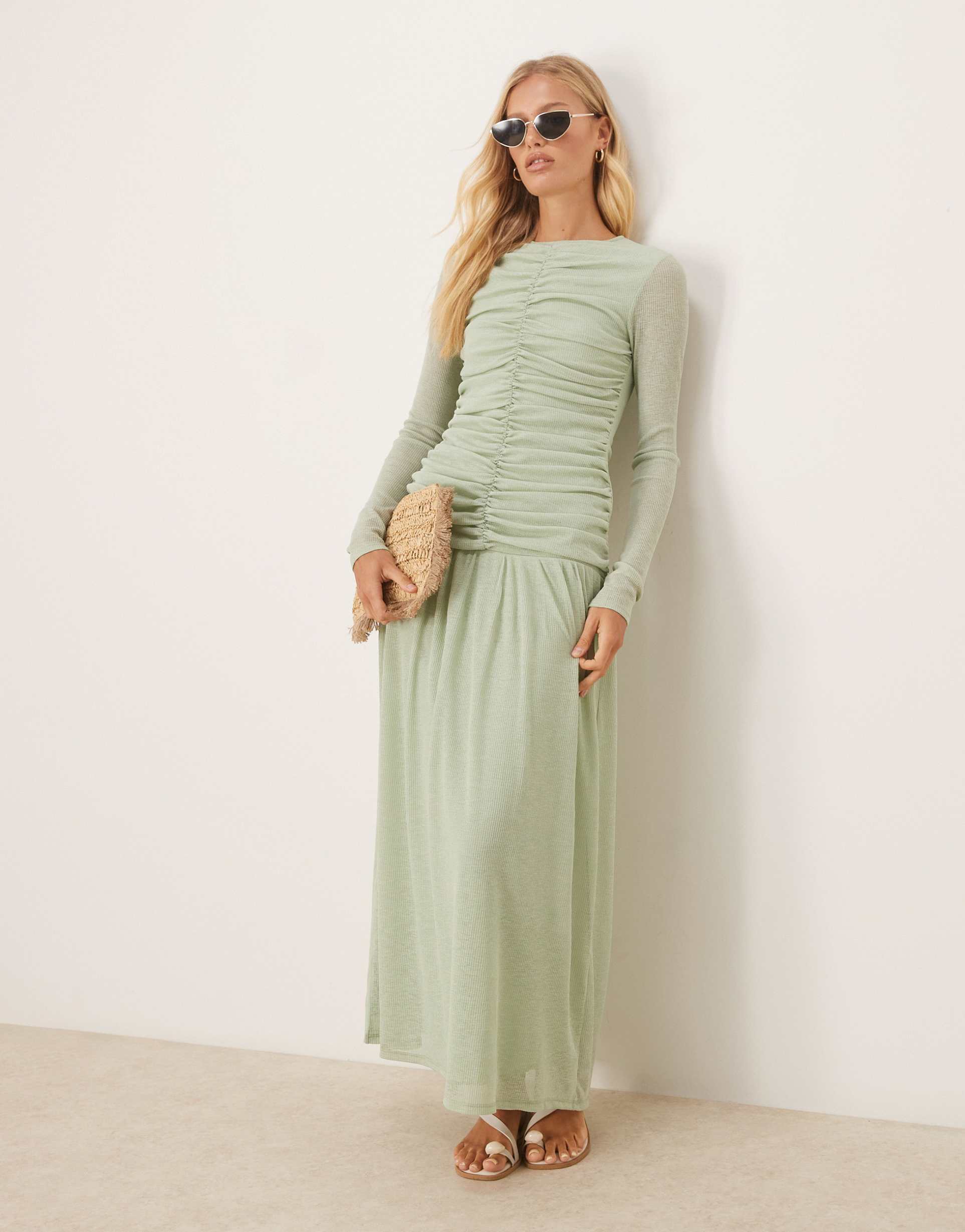 asos design textured ribbed long sleeve ruched front maxi dress in mint