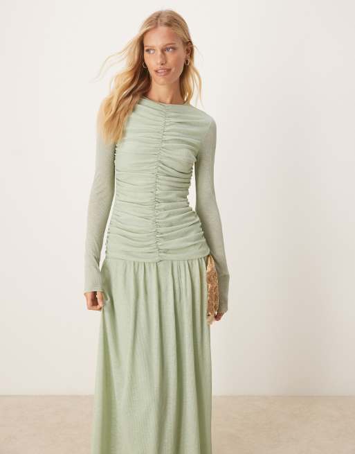ASOS DESIGN textured ribbed long sleeve ruched front maxi dress in mint