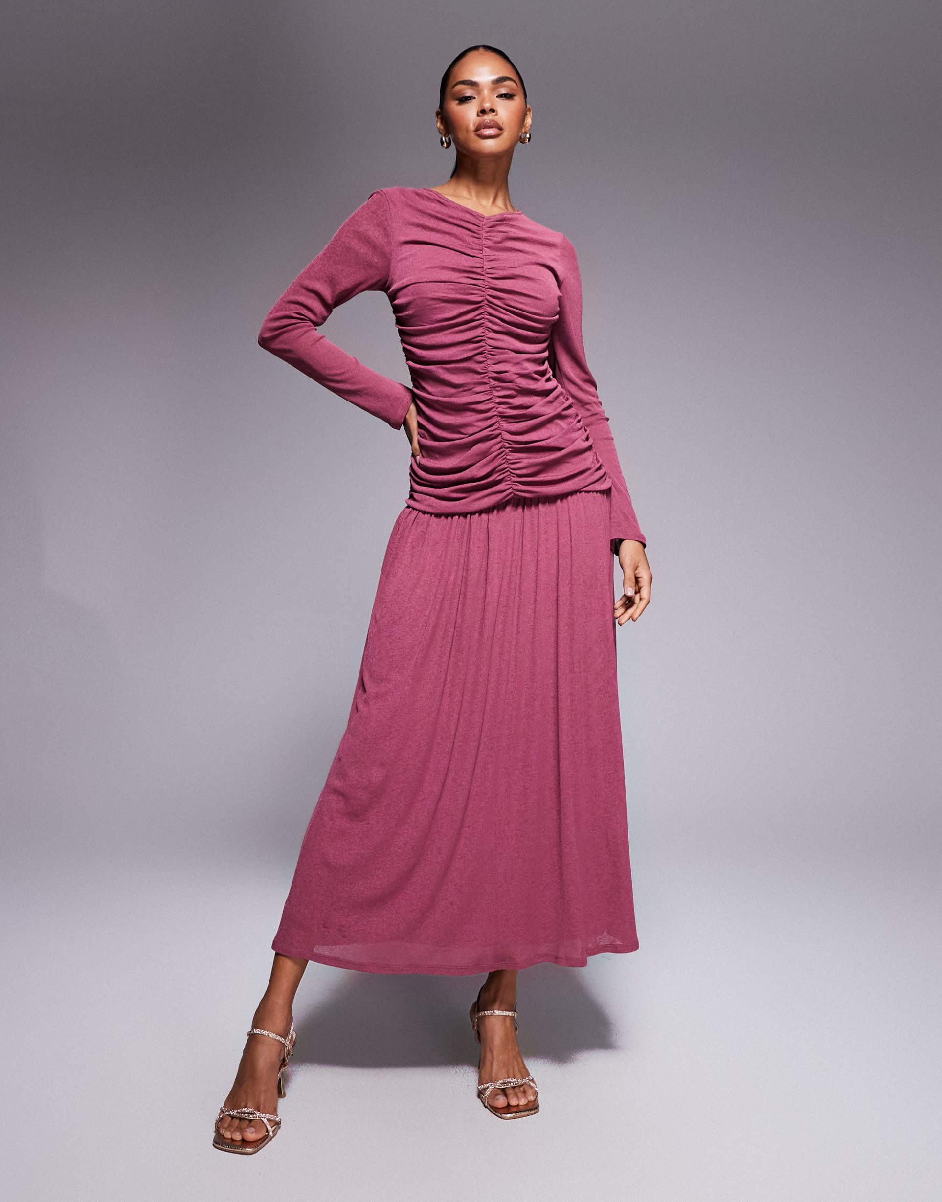asos design textured ribbed long sleeve ruched front maxi dress in mulberry