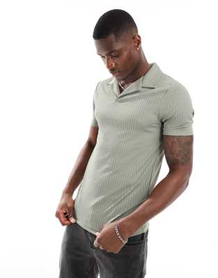 Asos Design Textured Ribbed Polo In Khaki-green