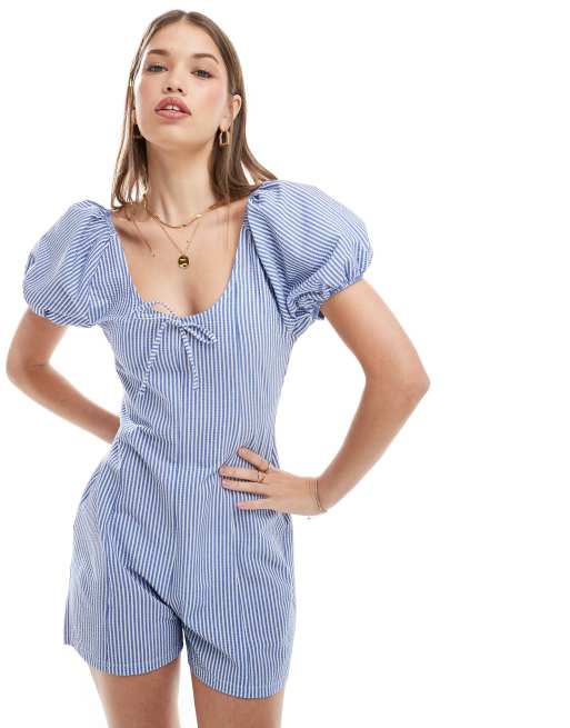 ASOS DESIGN textured romper playsuit in blue stripe