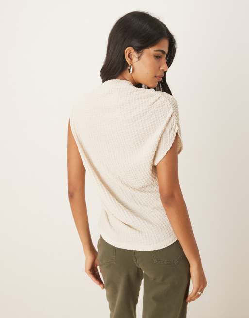 ASOS DESIGN textured ruched side asymmetric tee in cream, 3 of 4