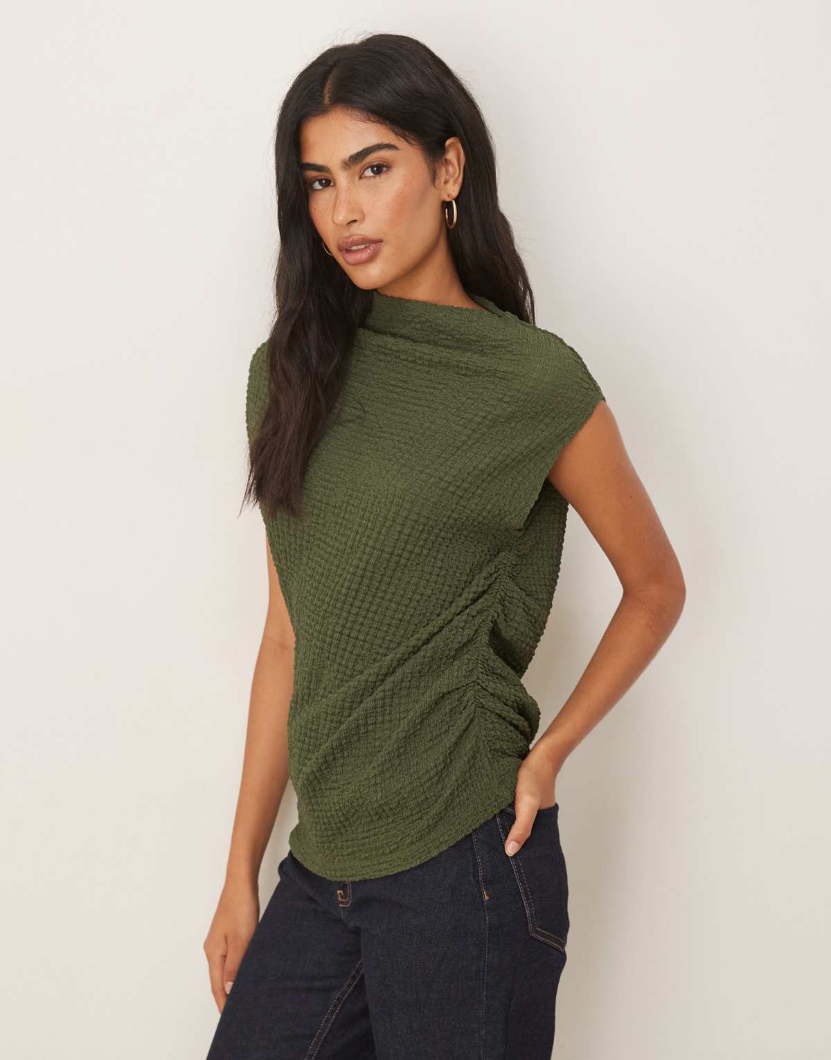 ASOS DESIGN textured ruched side asymmetric tee in khaki