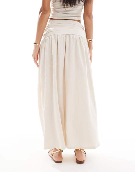 ASOS DESIGN textured ruched side drop waist maxi skirt with slit front in stone - part of a set, 3 of 5