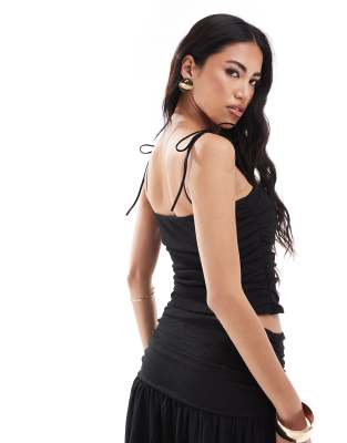 Asos Design Textured Ruched Side Tie Shoulder Cami Top In Black - Part Of A Set