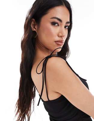 asos design textured ruched side tie shoulder cami top in black - part of a set