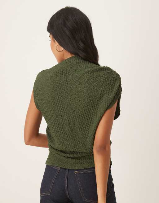 ASOS DESIGN textured ruched sides asymmetric tee in khaki green, 3 of 4