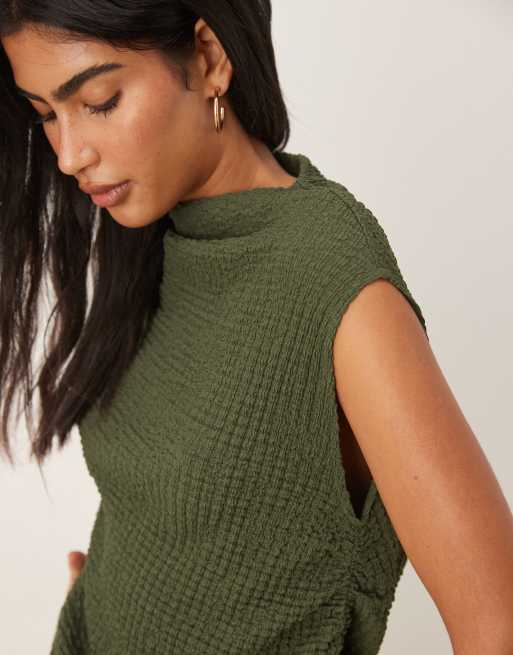 ASOS DESIGN textured ruched sides asymmetric tee in khaki green, 4 of 4
