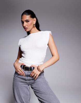 Asos Design Textured Ruched Sides Tank With Shoulder Pads In White