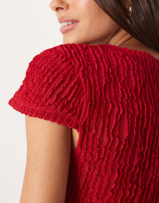 ASOS DESIGN textured ruffle baby tee in dark red, 2 of 4