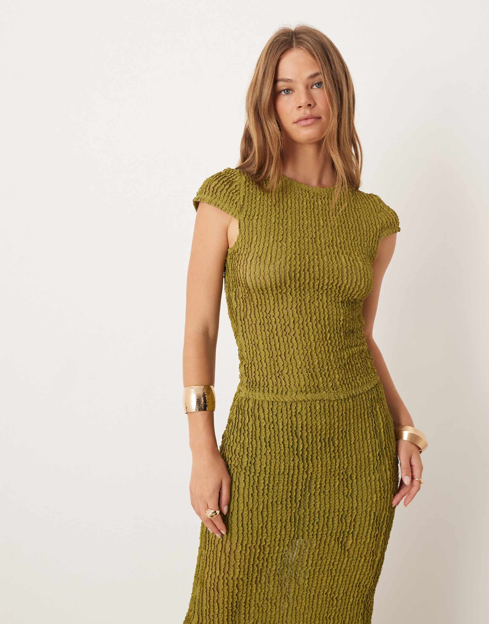 asos design textured ruffle baby tee in green