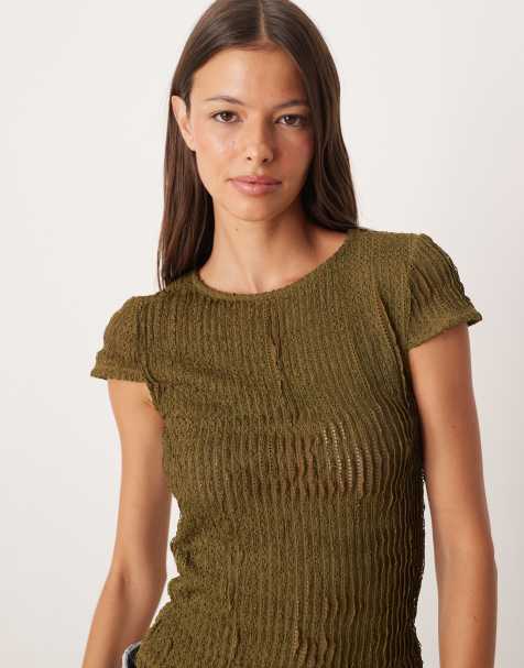 ASOS DESIGN textured ruffle baby tee in khaki - KHAKI - view 1