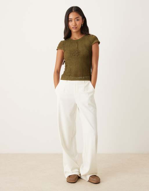 ASOS DESIGN textured ruffle baby tee in khaki - KHAKI, 2 of 4