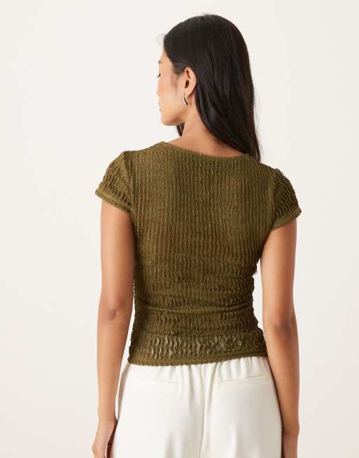 ASOS DESIGN textured ruffle baby tee in khaki - KHAKI, 3 of 4