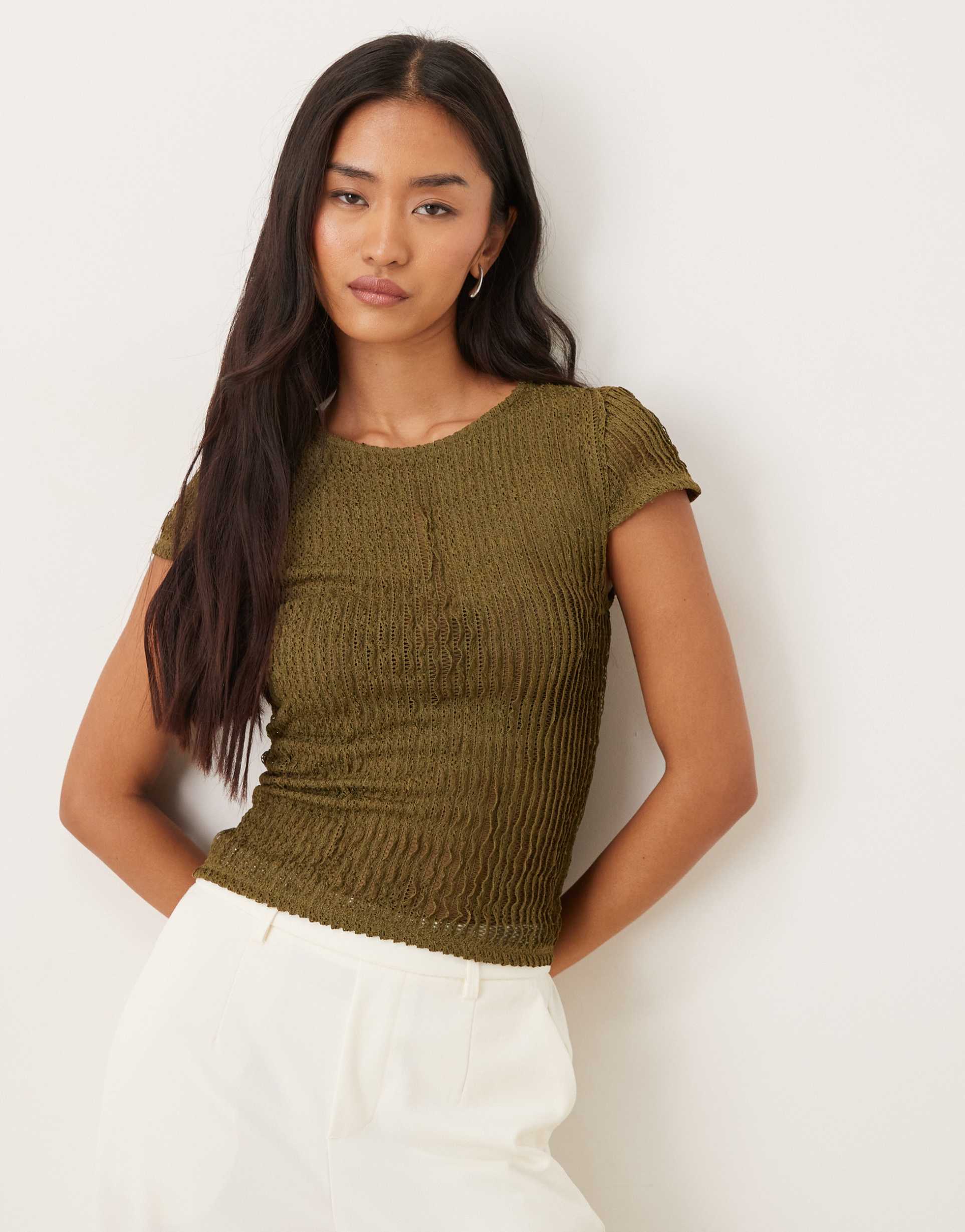 asos design textured ruffle baby tee in khaki