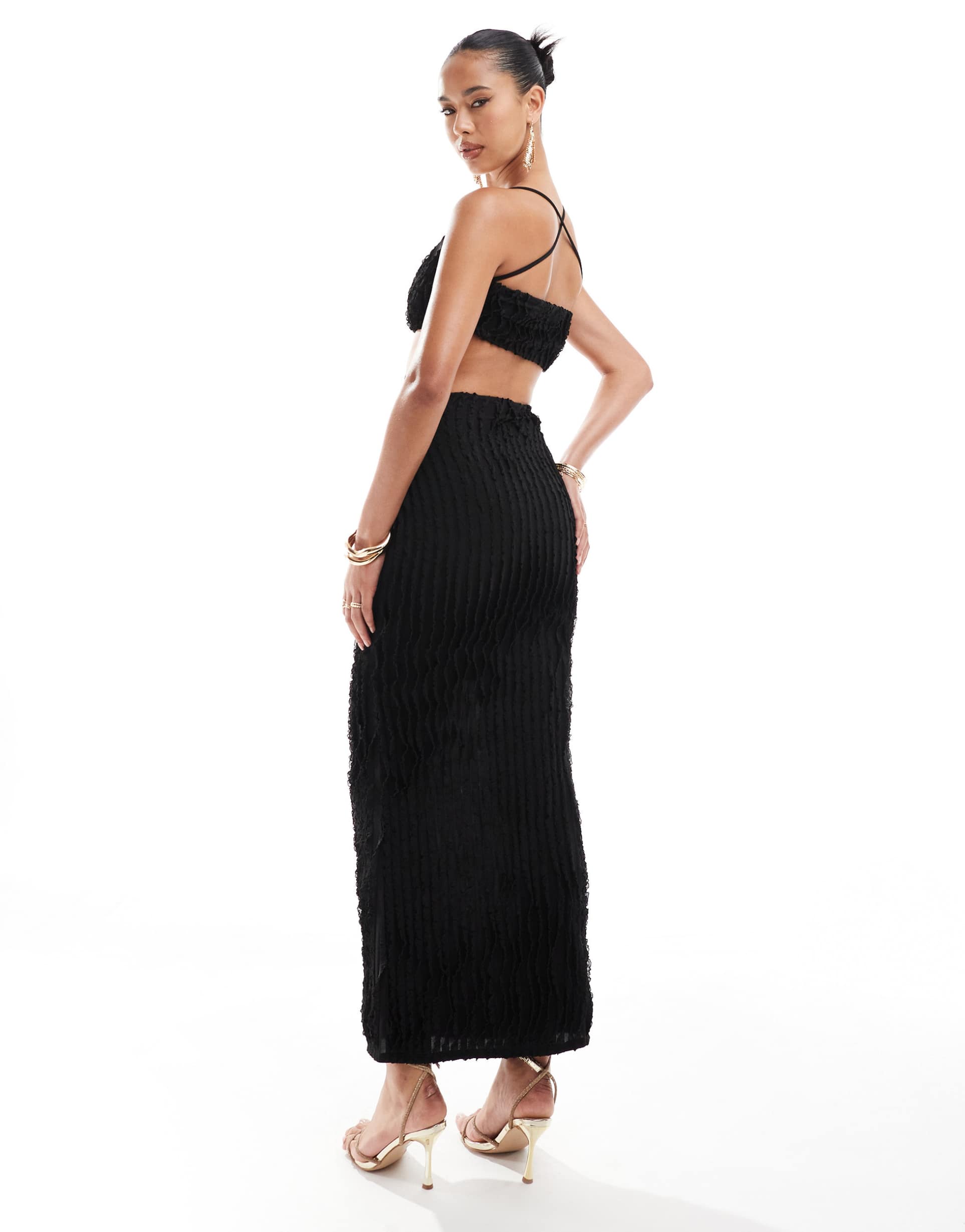 asos design textured ruffle cut-out cami maxi dress in black