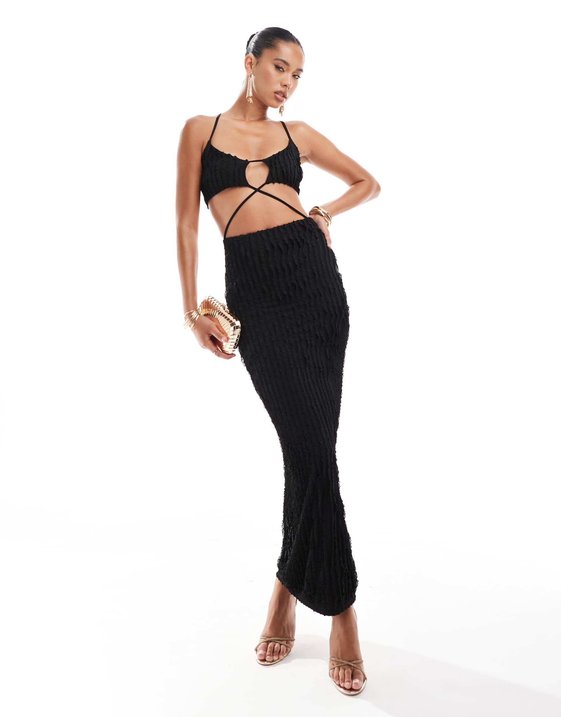 asos design textured ruffle cut-out cami maxi dress in black