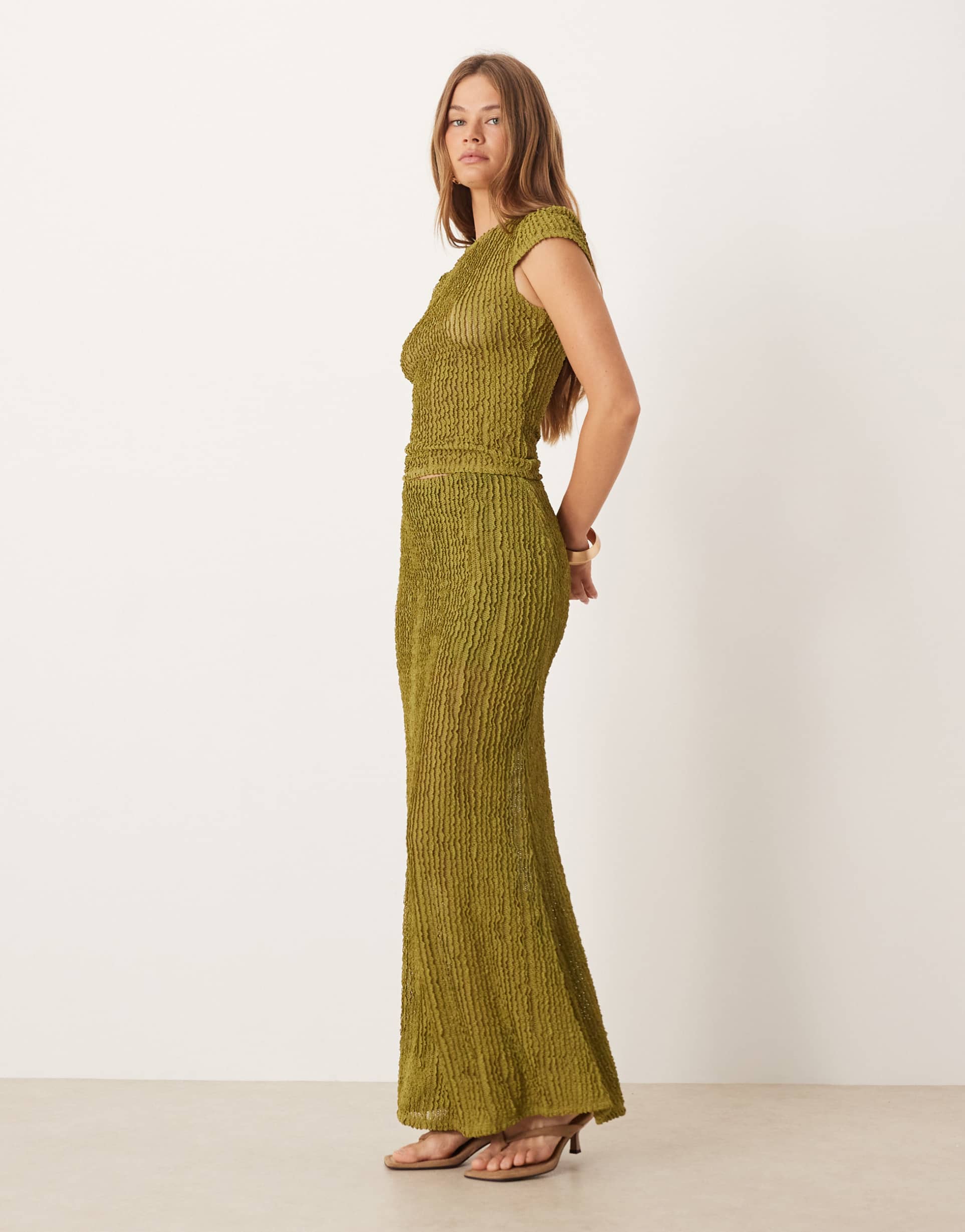 asos design textured ruffle fishtail maxi skirt in green - part of a set