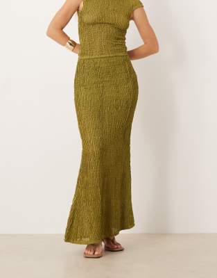 Asos Design Textured Ruffle Fishtail Maxi Skirt In Green