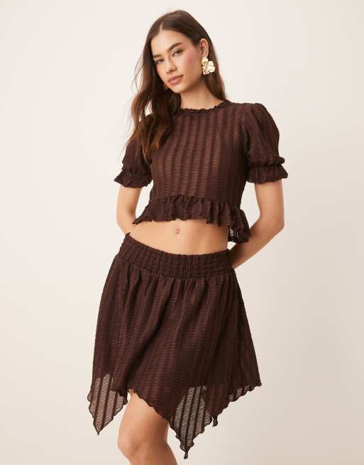 ASOS DESIGN textured ruffle hanky hem mini skirt in brown - part of a set, 3 of 5