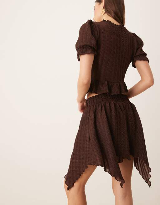 ASOS DESIGN textured ruffle hanky hem mini skirt in brown - part of a set, 4 of 5