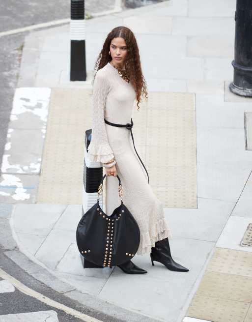 ASOS DESIGN textured ruffle maxi dress with tiered sleeve in cream | ASOS