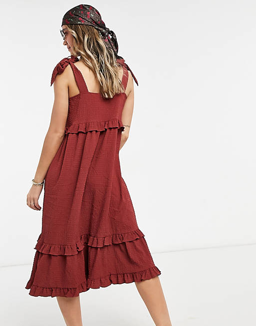 Dresses textured ruffle swing midi sundress with tie straps in rust 