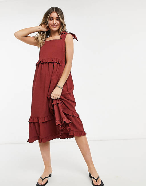 Dresses textured ruffle swing midi sundress with tie straps in rust 