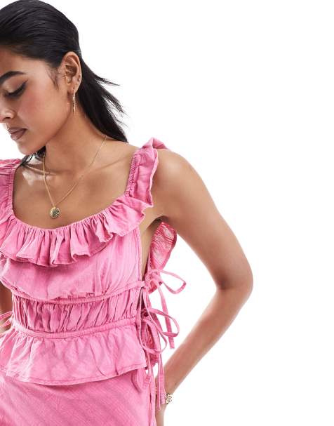 ASOS DESIGN textured ruffle top with side tie detail co-ord in pink - view 1