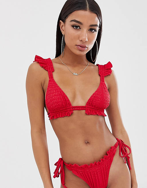 ASOS DESIGN textured ruffle triangle bikini top in red