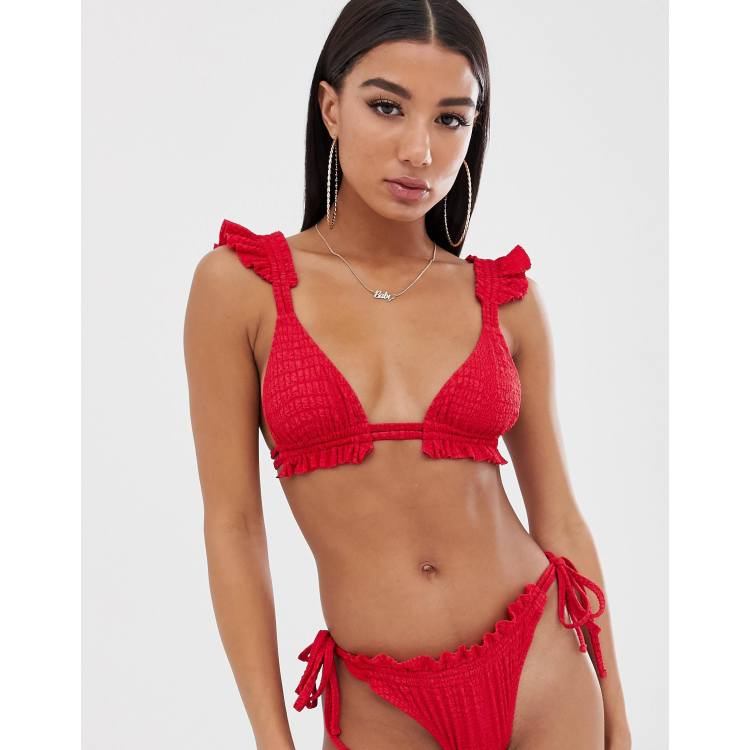 ASOS DESIGN textured ruffle triangle bikini top in red