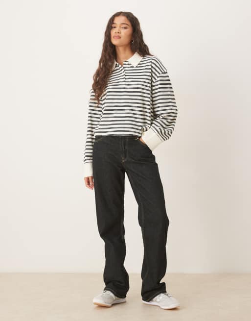 ASOS DESIGN textured rugby collared top in cream stripe, 2 of 4