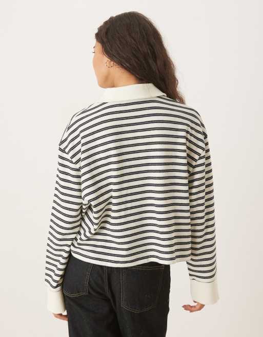 ASOS DESIGN textured rugby collared top in cream stripe, 3 of 4