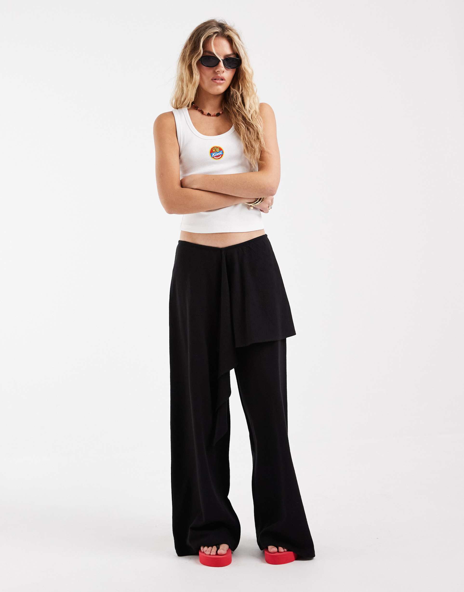 asos design textured sarong detail pants in black - part of a set