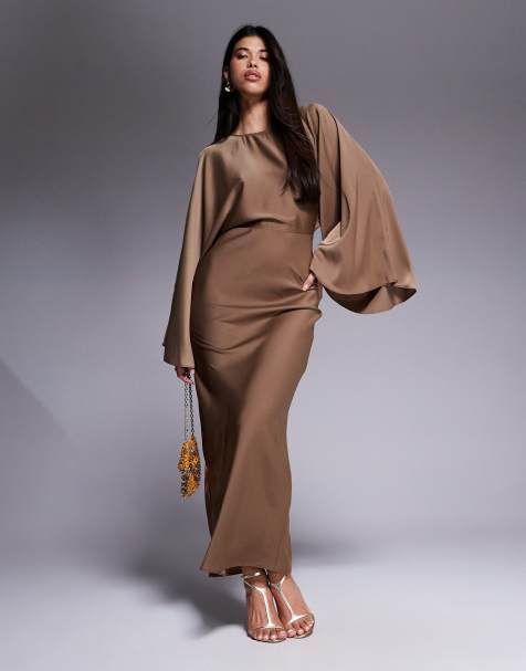 ASOS DESIGN textured satin batwing bias cut waist maxi dress in cocoa - view 1