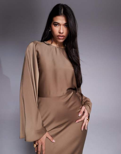 ASOS DESIGN textured satin batwing bias cut waist maxi dress in cocoa