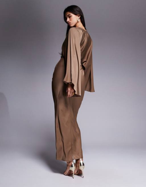 ASOS DESIGN textured satin batwing bias cut waist maxi dress in cocoa