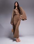 [ASOS DESIGN] ASOS DESIGN textured satin batwing bias waisted maxi dress in cocoa-Brown 4 Cocoa