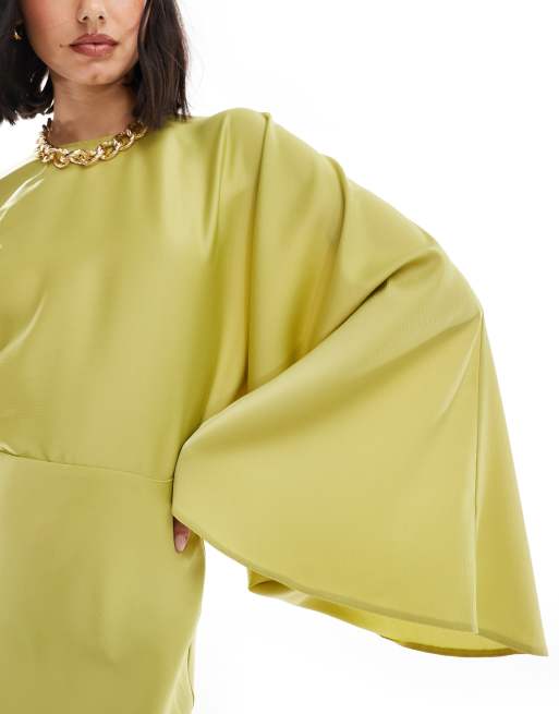 ASOS DESIGN textured satin batwing bias waisted maxi dress in green, 3 of 4