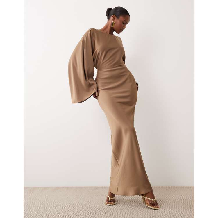 maxi dress with batwing sleeve and wrap waist in satin ASOS DESIGN maxi dress with batwing sleeve and wrap waist in satin in  bright pink