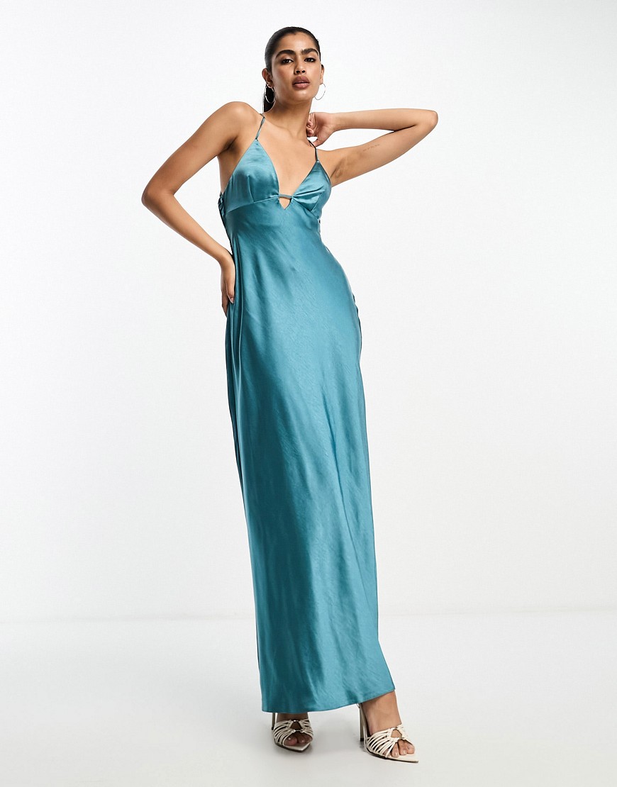 ASOS DESIGN textured satin cami maxi slip dress with bar detail in steel blue
